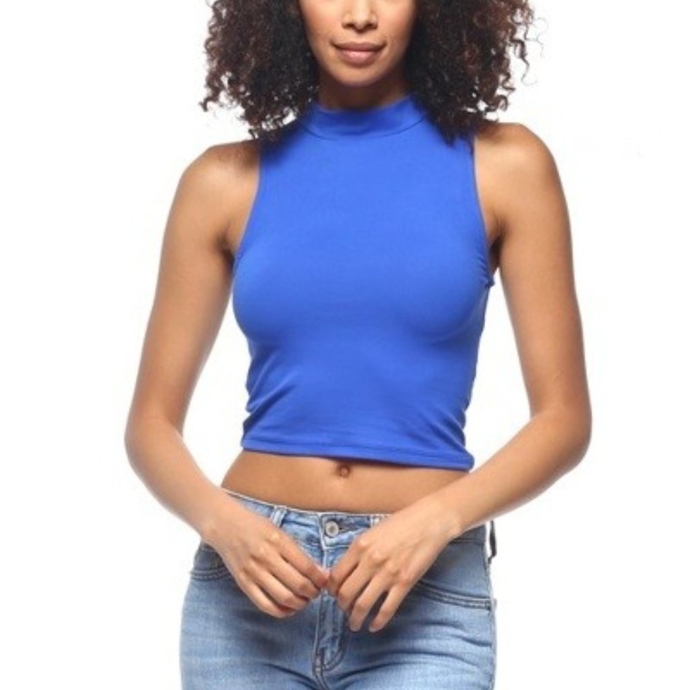 Stretch Knit Blue Mock Neck Top - #H16